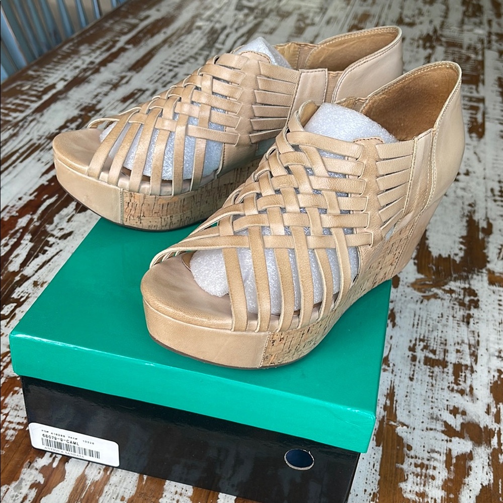 Chocolat Blu Tan Wedge Shoes with Intricate Weaving